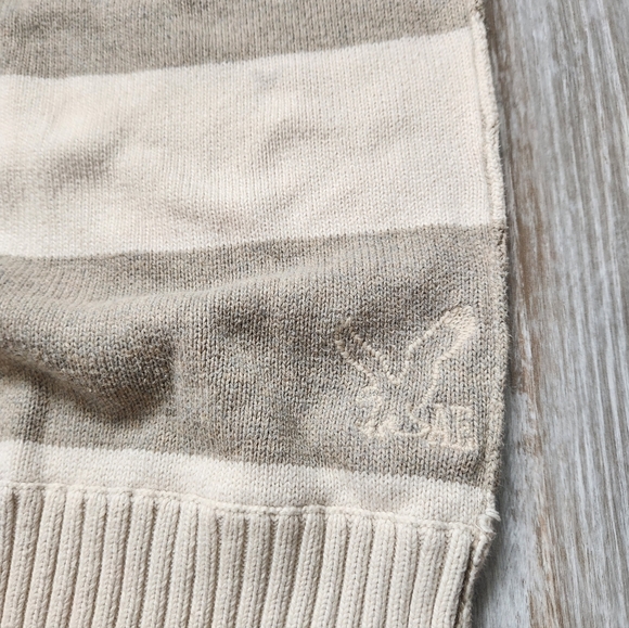 American Eagle Heavyweight 1/4 Zip Sweater Creme Gray Stripe Knit High Neck Sz L - Picture 2 of 13